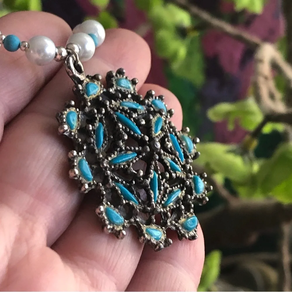 Handcrafted repurpose howlite cluster pendant Czech glass Pearl necklace